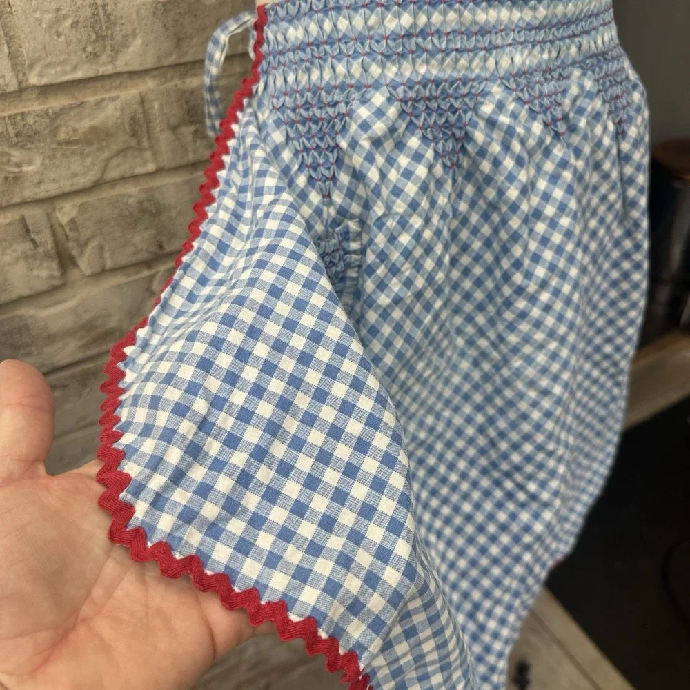 Vintage Blue Gingham Half Apron Handmade Smocked Waist Pocket Tie Back Farmhouse